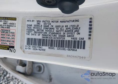 2004 Toyota Corolla Ce z USA, uszkodzony, nr VIN 1NXBR32E14Z329728